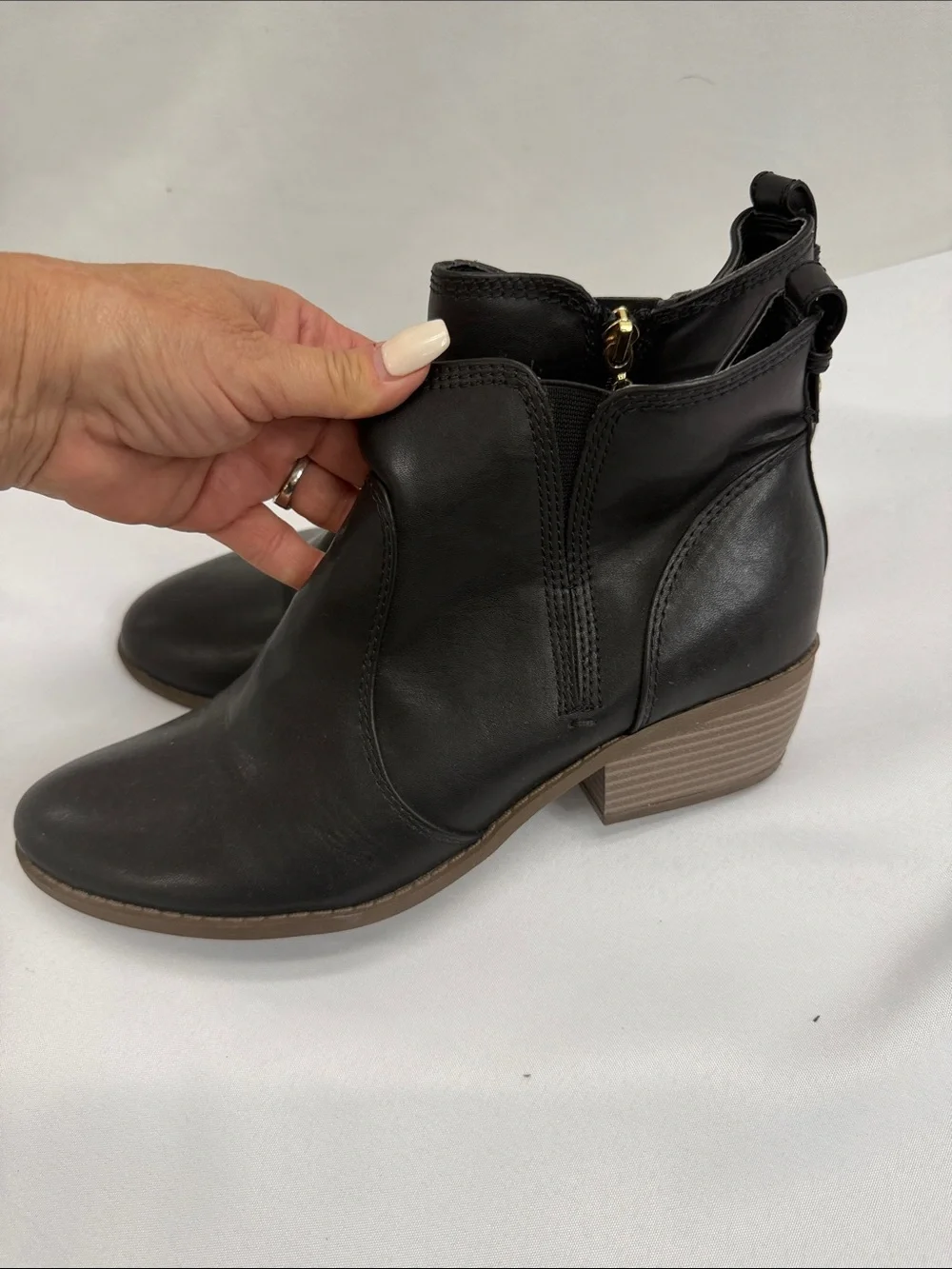 G by Guess Black Leather Ankle Booties with Gold Zip Pull